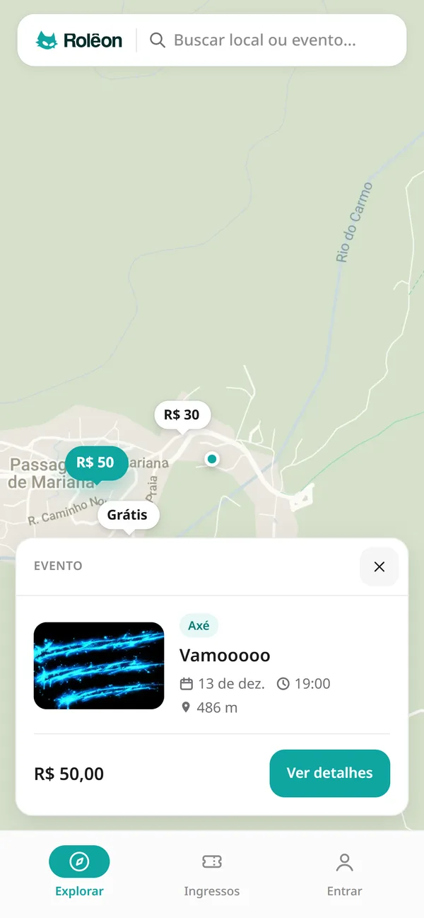 Mapa do Rolêon com o cartão do evento aberto