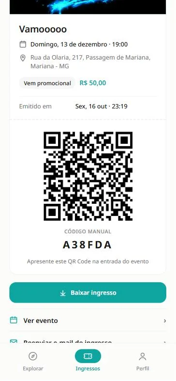 Ingresso no app do Rolêon com QR Code e código manual